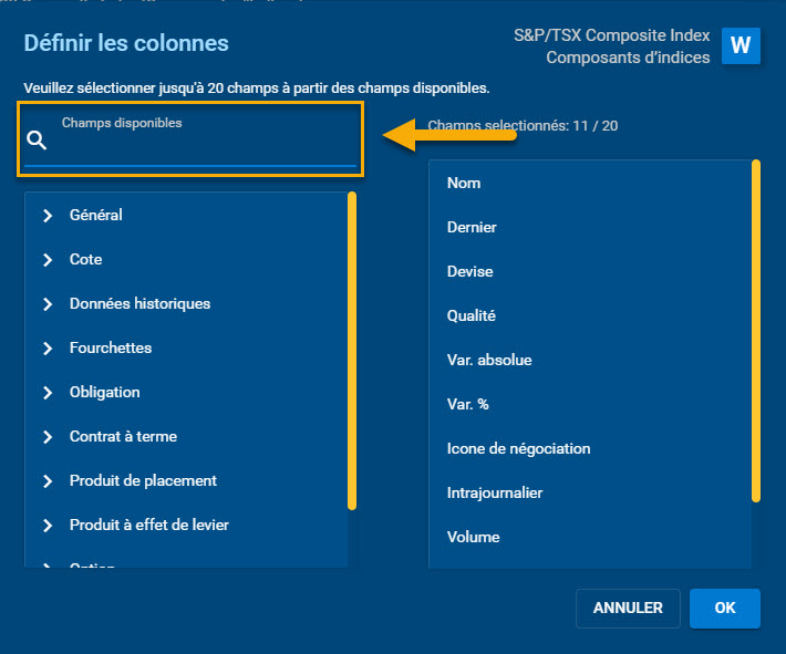 Capture d’écran montrant la façon de rechercher de colonnes